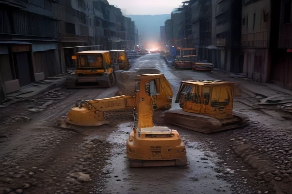 Équipes de chantier en gilets de sécurité travaillant sur des conduites d'eau et infrastructures souterraines