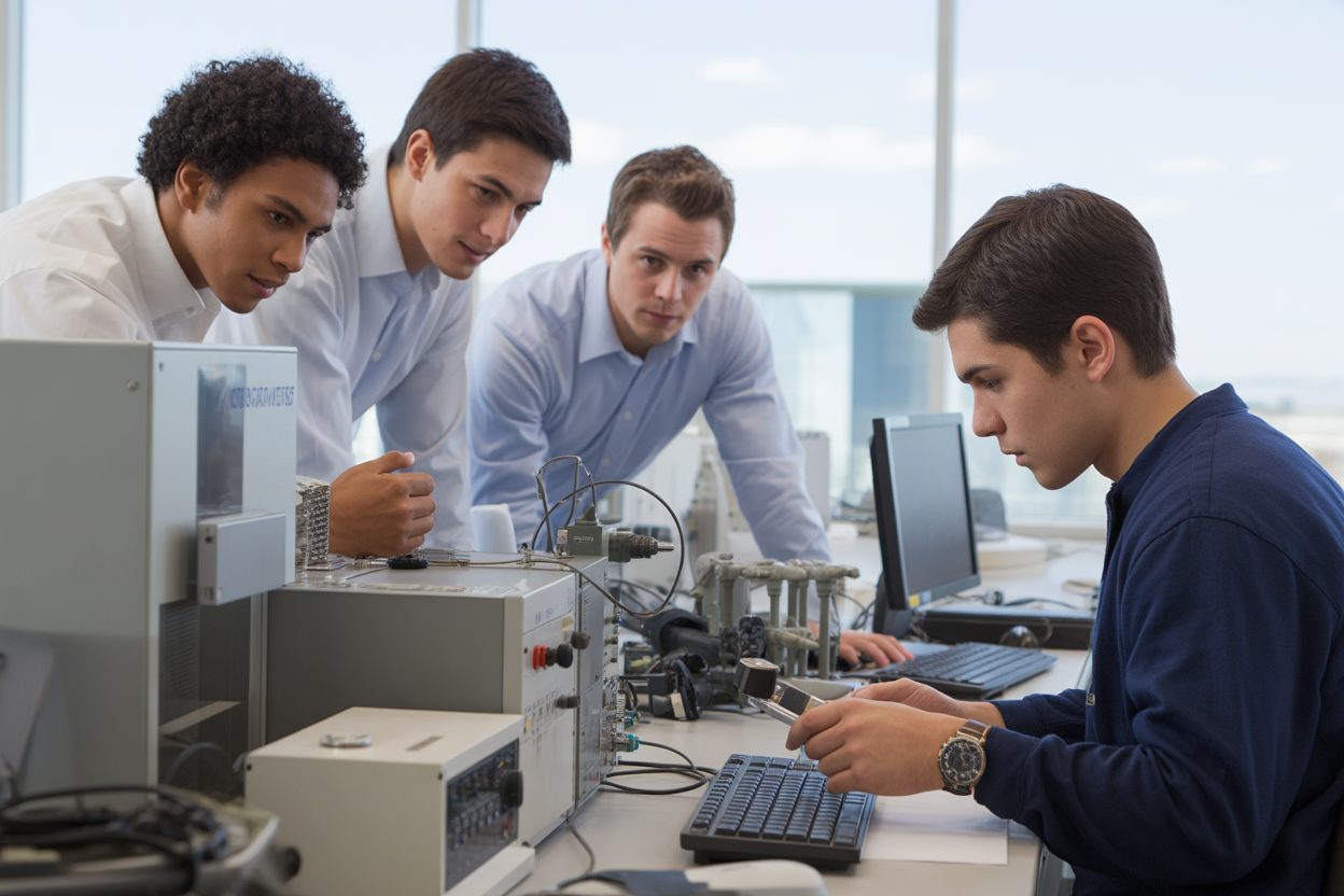 Thales et Dassault Aviation ravissent le podium à Google chez les jeunes ingénieurs français Jeunes ingenieurs travaillant sur des equipements techniques dans un environnement professionnel moderne