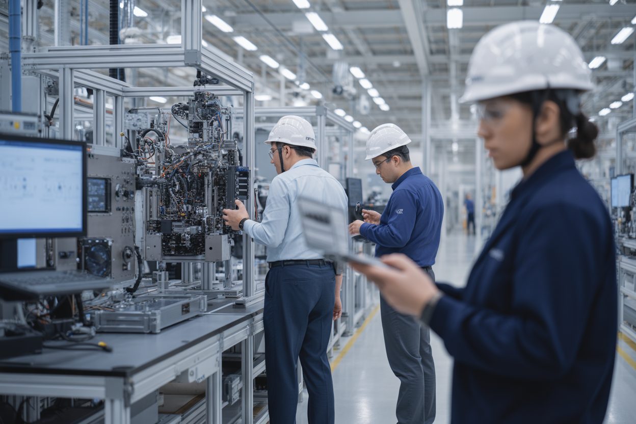 Techniciens en équipement de protection inspectant des composants de haute technologie dans une usine de défense