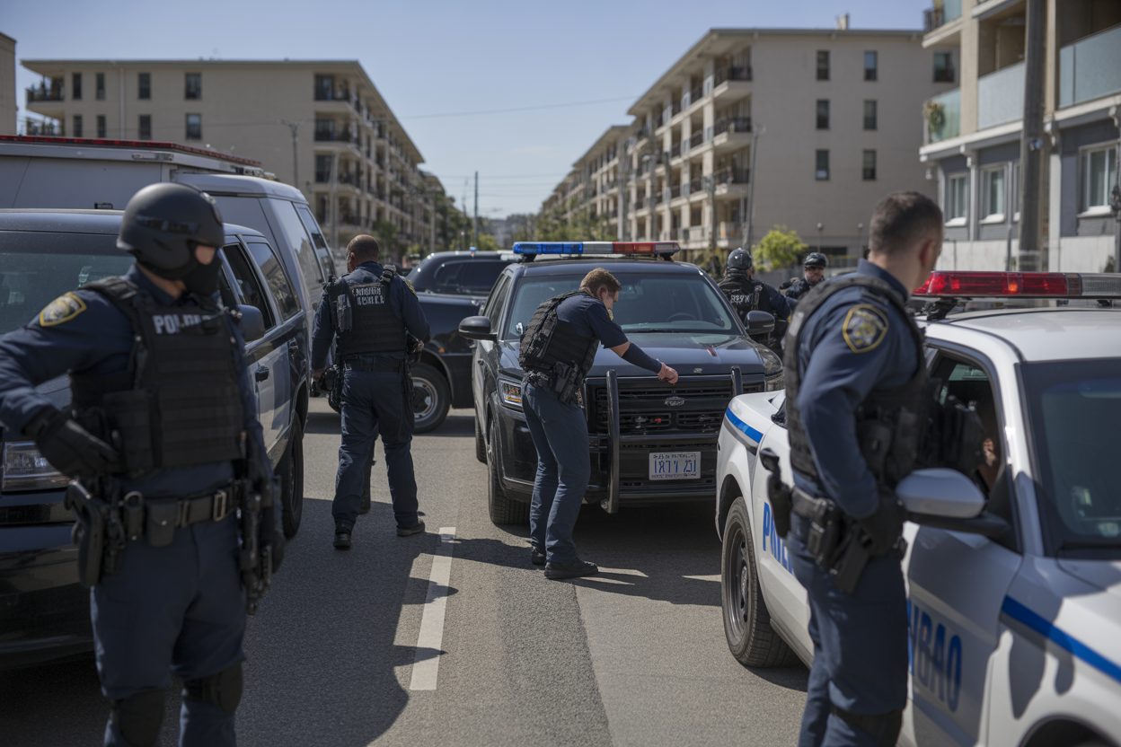 Toulouse : deux hommes blessés par balle à Bagatelle, quinze douilles retrouvées à Bellefontaine Intervention policière dans un quartier résidentiel urbain, avec véhicules de patrouille et périmètre de sécurité