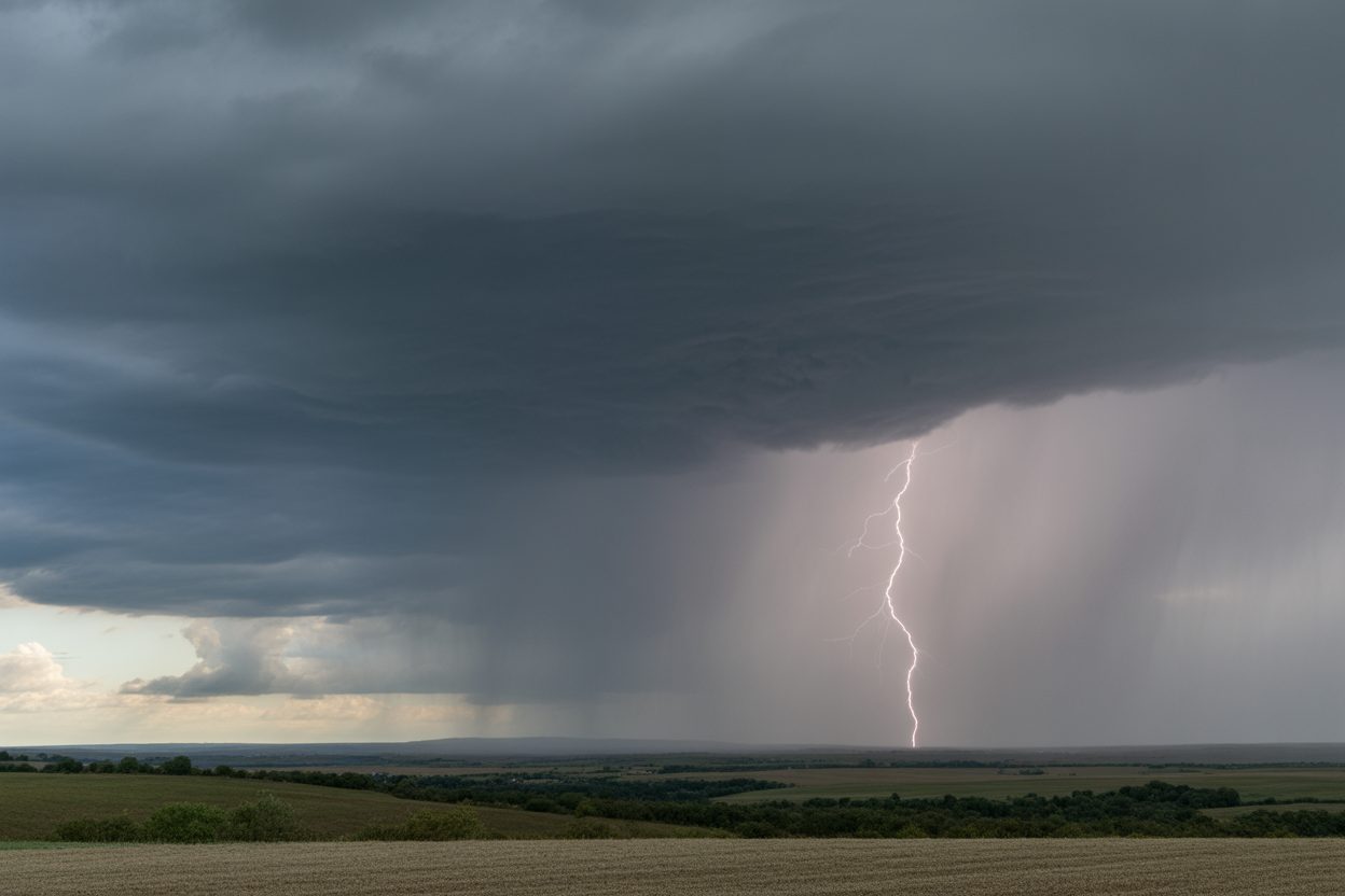 Toulouse et Occitanie : vigilance jaune pour orages ce week-end, 38 degrés attendus samedi Ciel orageux avec nuages noirs massifs et éclairs illuminant l'horizon