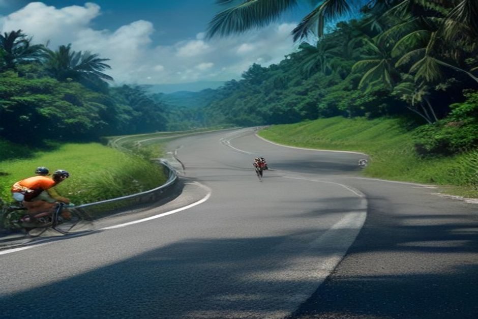 Tour de Guyane 2026 : 143 km entre Saint-Laurent et Sinnamary ce vendredi 21 août Cyclistes en peloton sur une route côtière en milieu tropical verdoyant