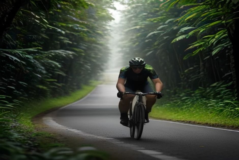 Tour de Guyane 2026 : 145 km entre Sinnamary et Saint-Laurent, étape de l'Ouest ce mardi Cycliste en action sur une route tropicale bordée de végétation luxuriante