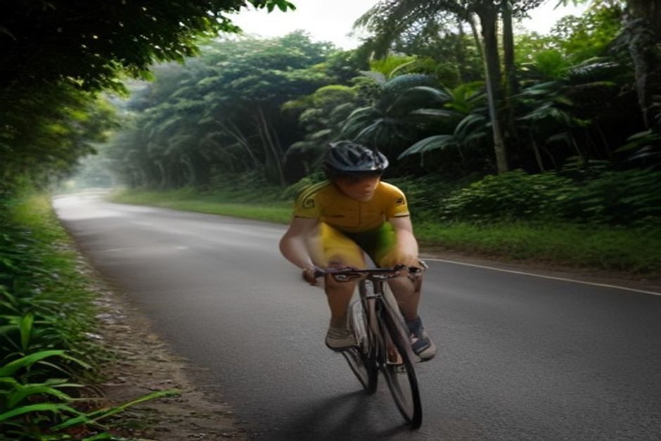 Tour de Guyane 2026 : Mario Jandia gagne l'étape, Damien Urcel prend le maillot jaune Coureur en maillot jaune de leader en tête du peloton sur route tropicale