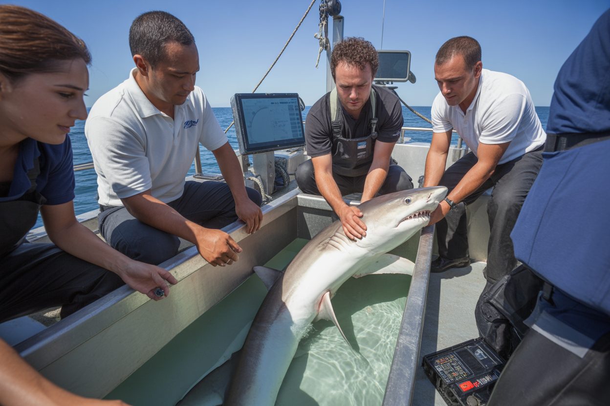 Biologiste marin examinant un requin dans un dispositif de capture et de suivi lors d'une opération de recherche
