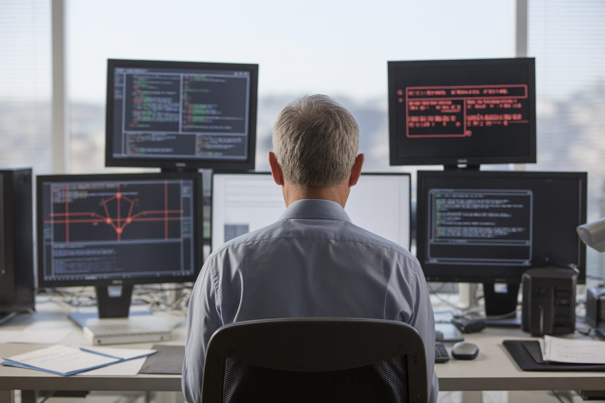 Un adolescent de 15 ans vole 11,7 millions de comptes ANTS et pousse l'État à sortir 200 millions d'euros Analyste informatique surveillant des alertes de securite sur plusieurs ecrans d'ordinateur