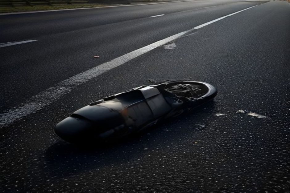 Un motard de 18 ans meurt après un refus d'obtempérer à Salazie, 19e décès routier à La Réunion Moto accidentée gisant sur la chaussée après une collision routière, débris éparpillés alentour