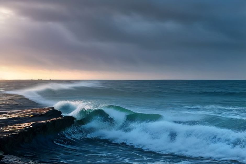 Plage fermée aux baigneurs avec drapeaux d'avertissement et vagues agitées sous un ciel orageux