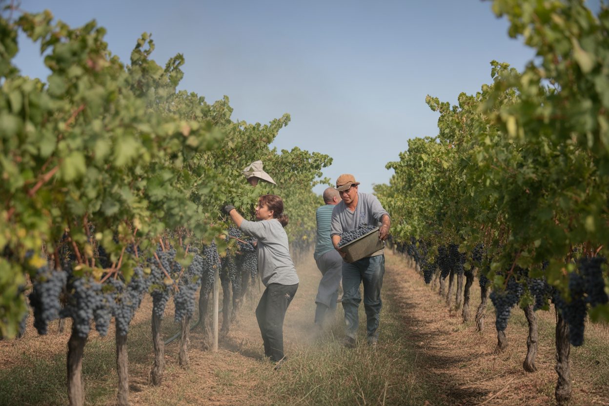 Vendangeurs au travail dans les vignes sous un soleil intense et écrasant