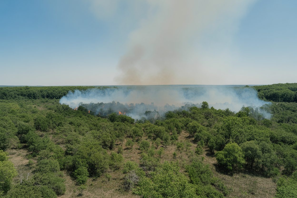 Vigilance feux de forêts : 4 départements en orange, la chaleur s'installe en Auvergne-Rhône-Alpes Incendie de forêt avec fumée s'échappant entre les arbres sous un ciel voilé