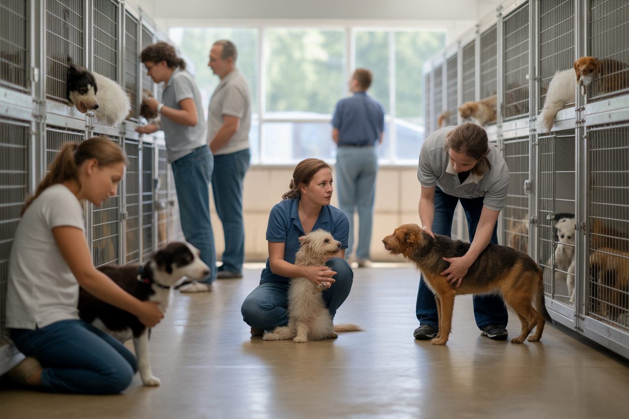 Personnel et bénévoles s'occupent d'animaux dans un refuge, pendant la période estivale