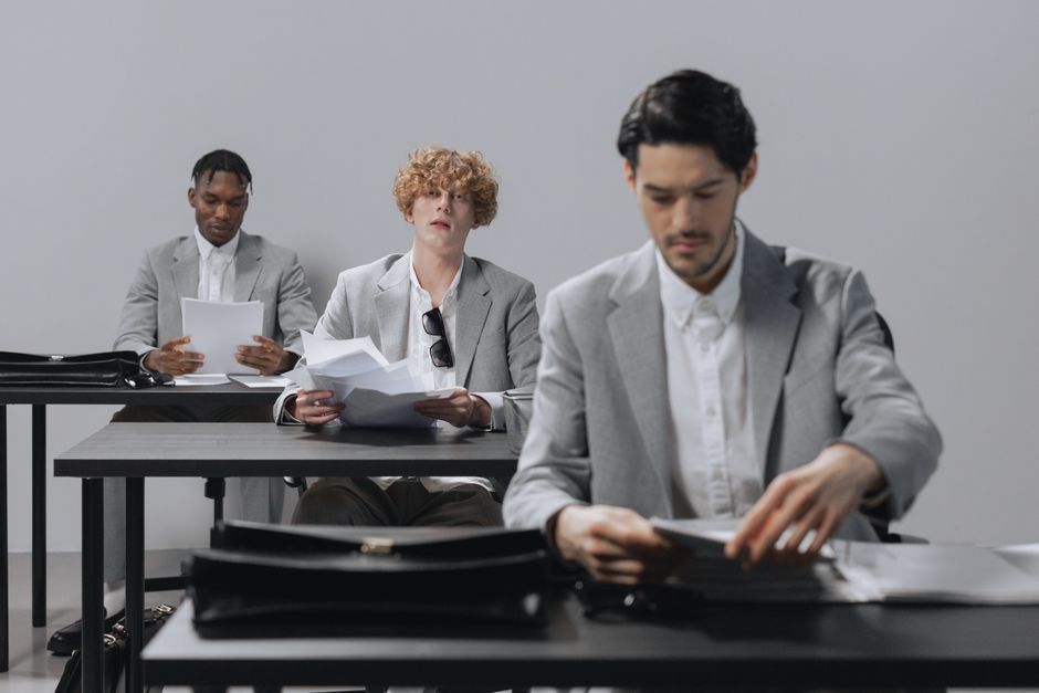 Three multicultural businessmen review documents at work. Professional teamwork and collaboration.