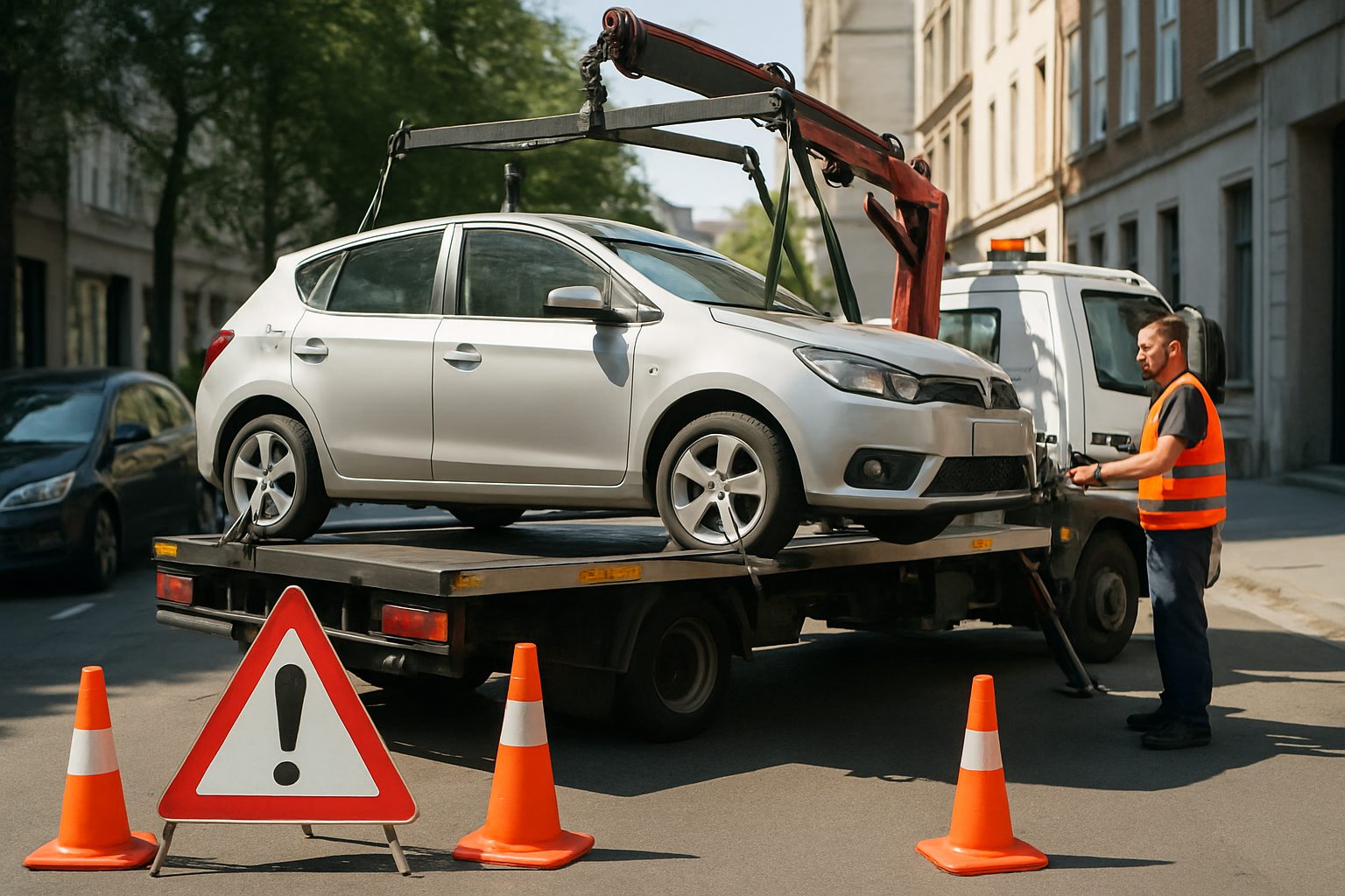135 € pour enlever une voiture dès le 1er octobre 2026 : les nouveaux plafonds des frais de fourrière Véhicule en cours d'enlèvement par une dépanneuse sur voirie urbaine