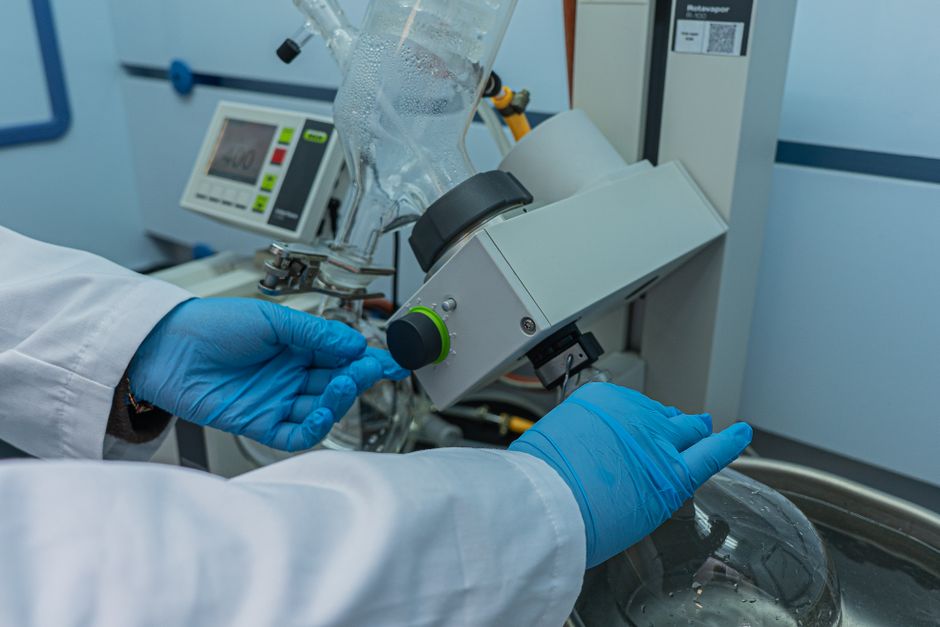 Scientifique contrôlant un évaporateur rotatif en laboratoire