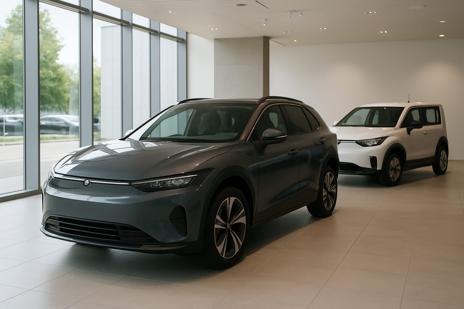 Trois véhicules électriques exposés dans un espace moderne et lumineux