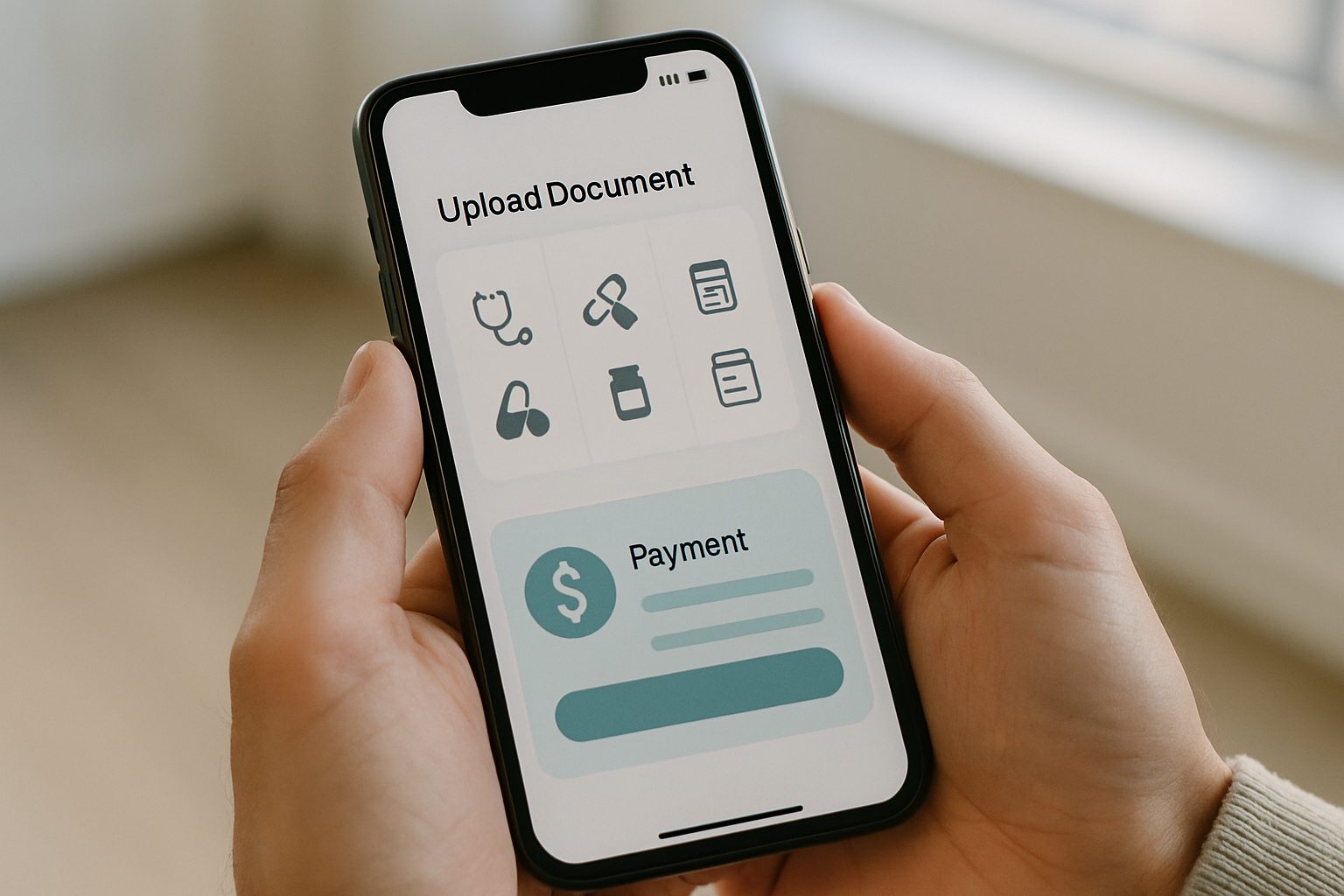 Feuilles de soins : l’envoi depuis l’appli ameli est possible depuis le 7 septembre, avec un plafond de 100 € Main tenant un smartphone affichant une application de gestion administrative sanitaire