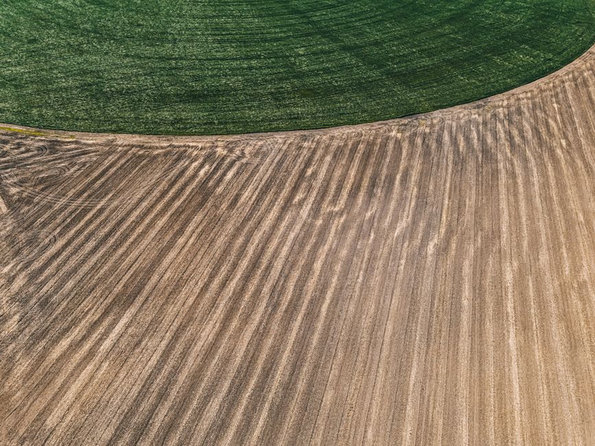Vue aérienne de champs agricoles avec alternance de zones vertes et brunes