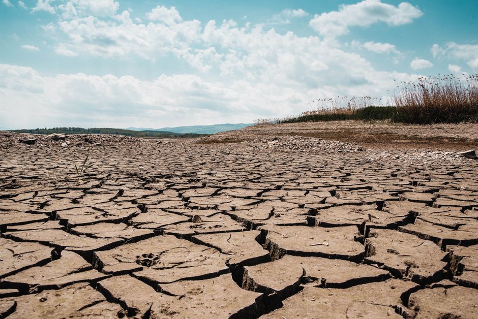 Terre desséchée et fissurée sous un ciel bleu clair