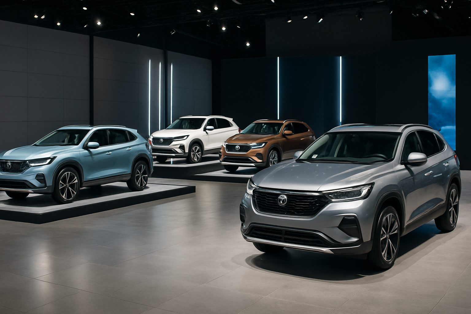 AITO au Mondial de l’Auto 2026 : cinq SUV annoncés à Paris, mais aucune date de vente confirmée en France Cinq véhicules SUV exposés dans un espace de présentation moderne et épuré