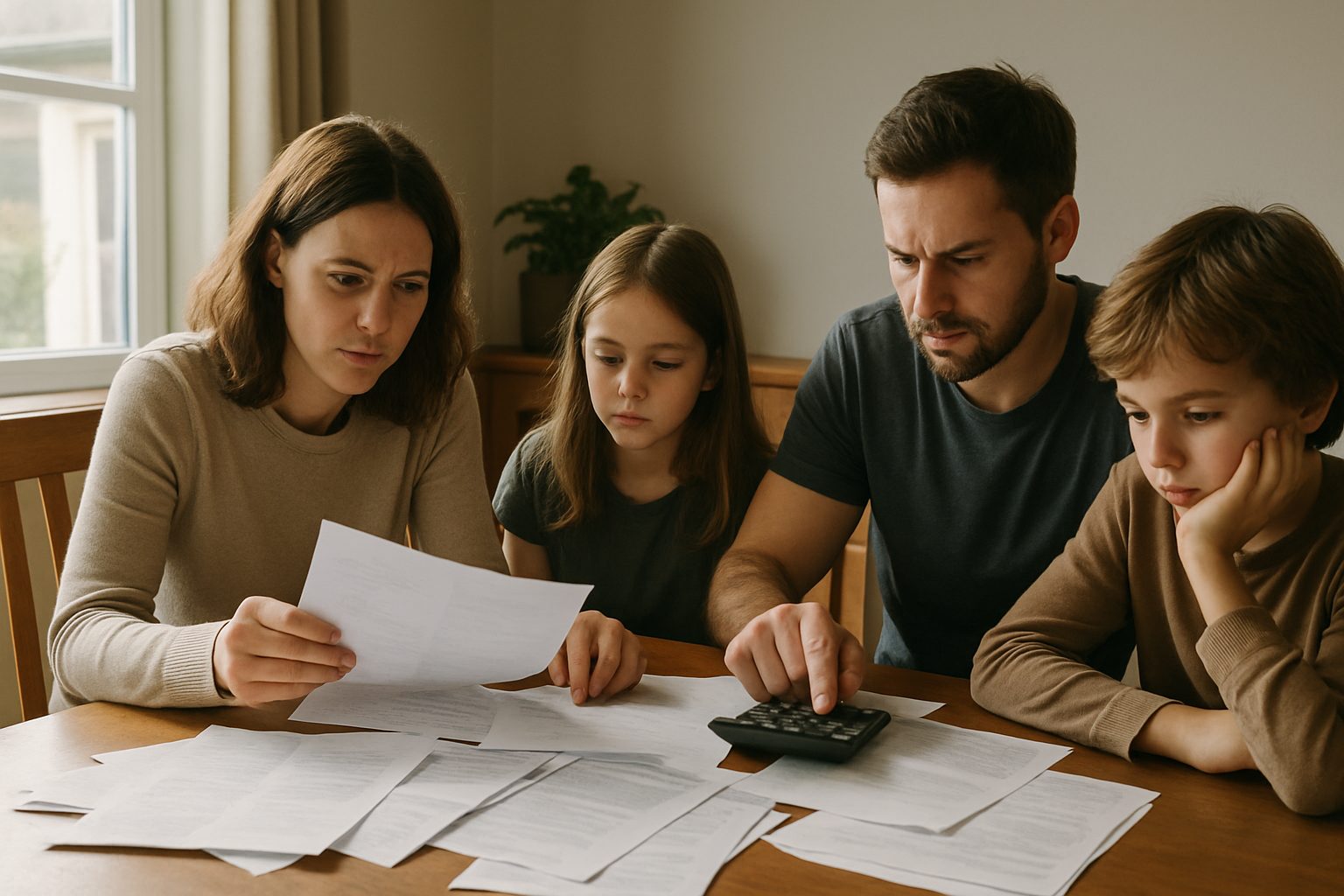 Famille examinant des documents financiers et des factures autour d'une table