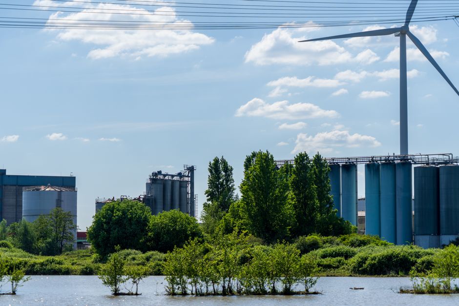 Paysage industriel avec éolienne, usines et végétation près d'un plan d'eau