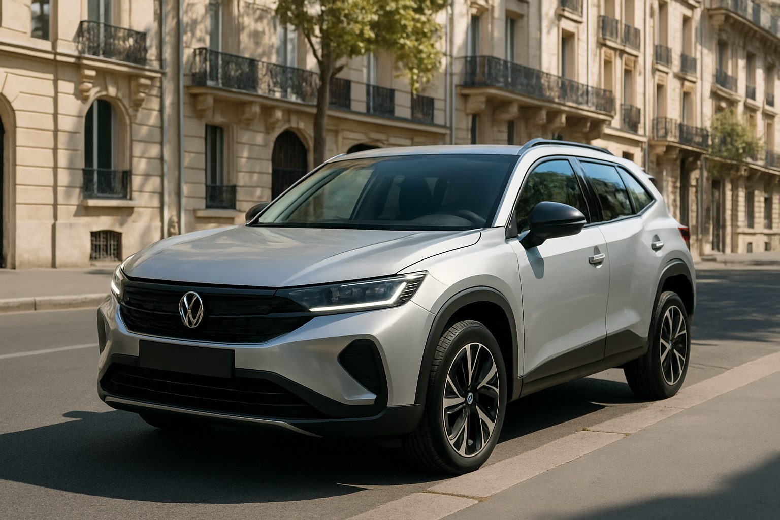 Un SUV compact aux lignes épurées et modernes, photographié en milieu urbain sous lumière naturelle