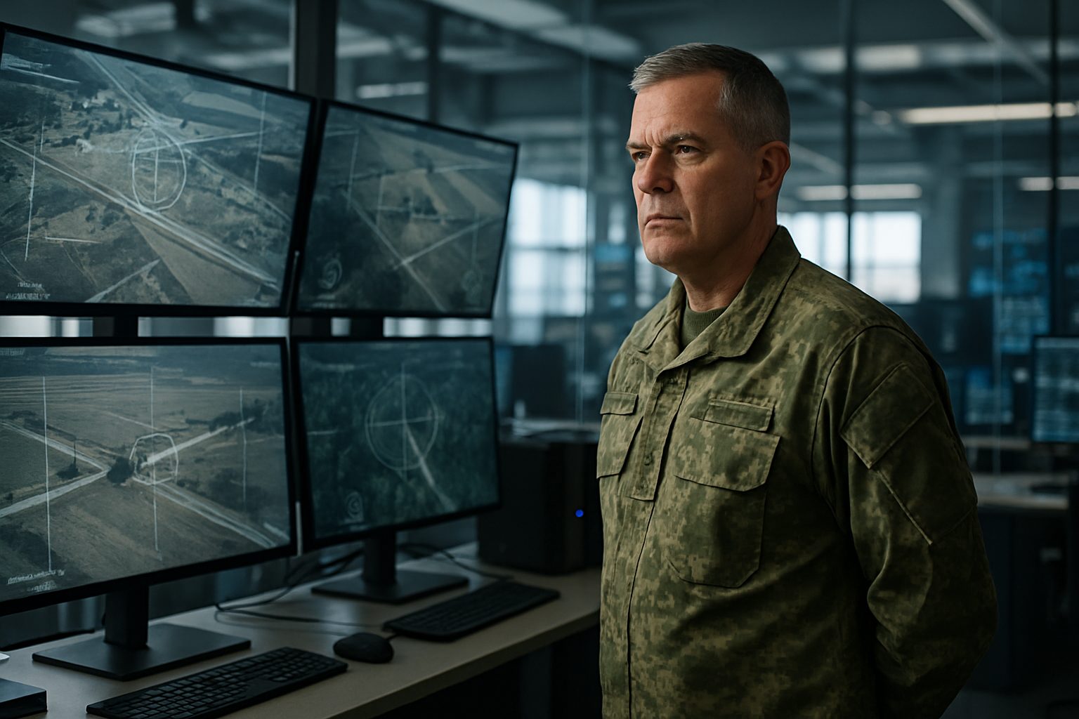 L’armée américaine accélère ses achats de drones autonomes avec une plateforme dépassant 800 millions de dollars Centre de commandement militaire avec écrans de surveillance et équipements technologiques modernes