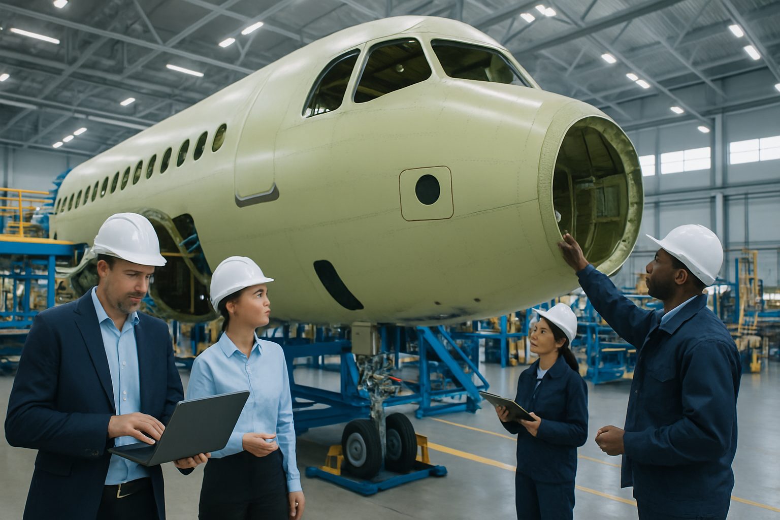 Techniciens en inspection d'assemblage aéronautique dans un atelier de production industrielle