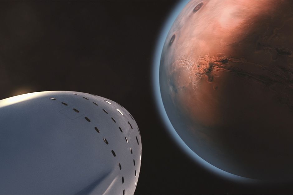 Vaisseau spatial approchant la planète Mars lors d'une mission d'exploration