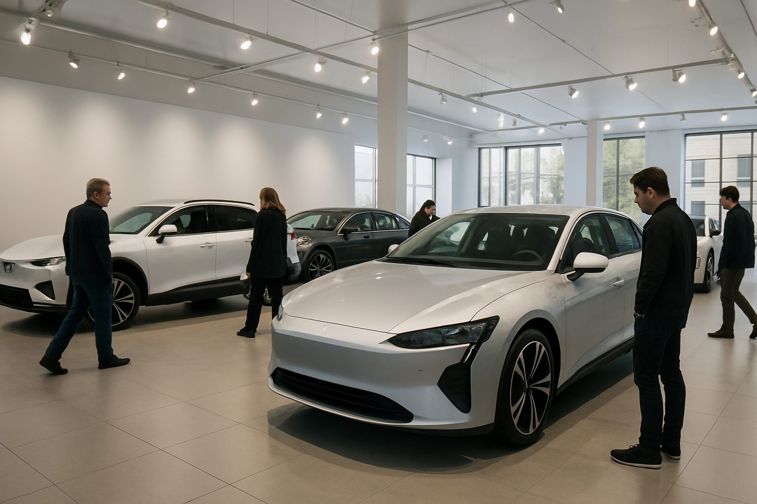 Véhicules contemporains exposés dans un showroom automobile avec visiteurs observant les modèles