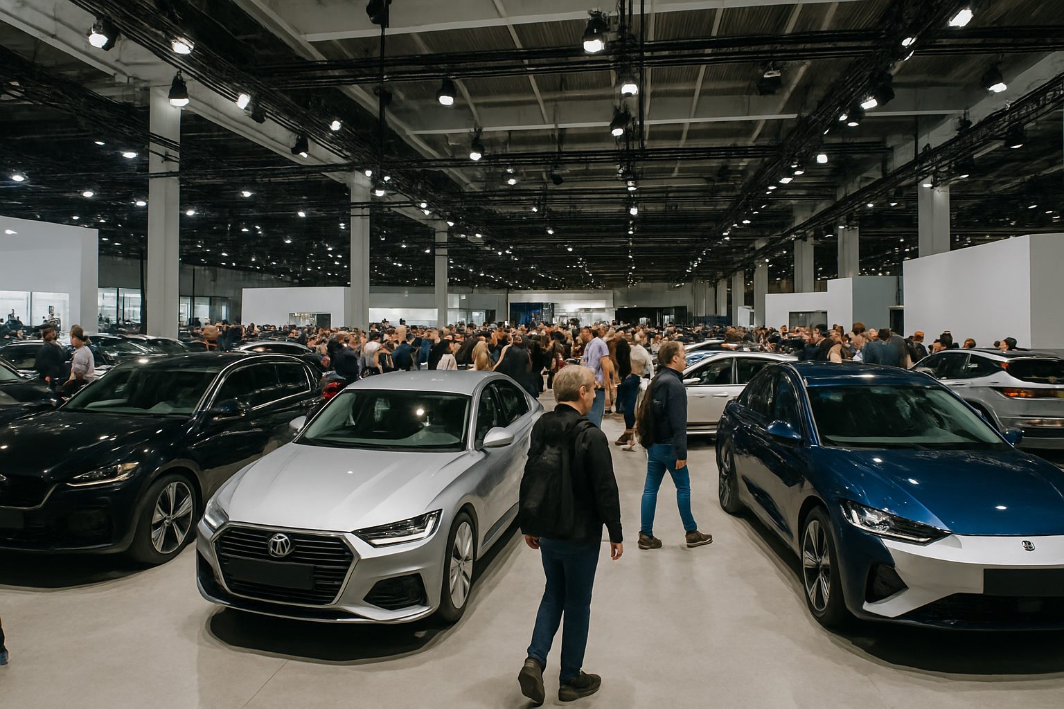 Visiteurs circulant entre les véhicules exposés dans un grand hall automobile moderne et lumineux