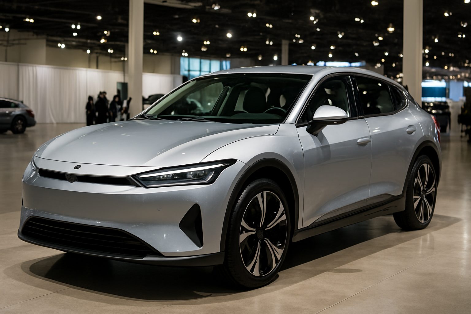 Véhicule électrique moderne présenté dans un espace d'exposition aux éclairages professionnels