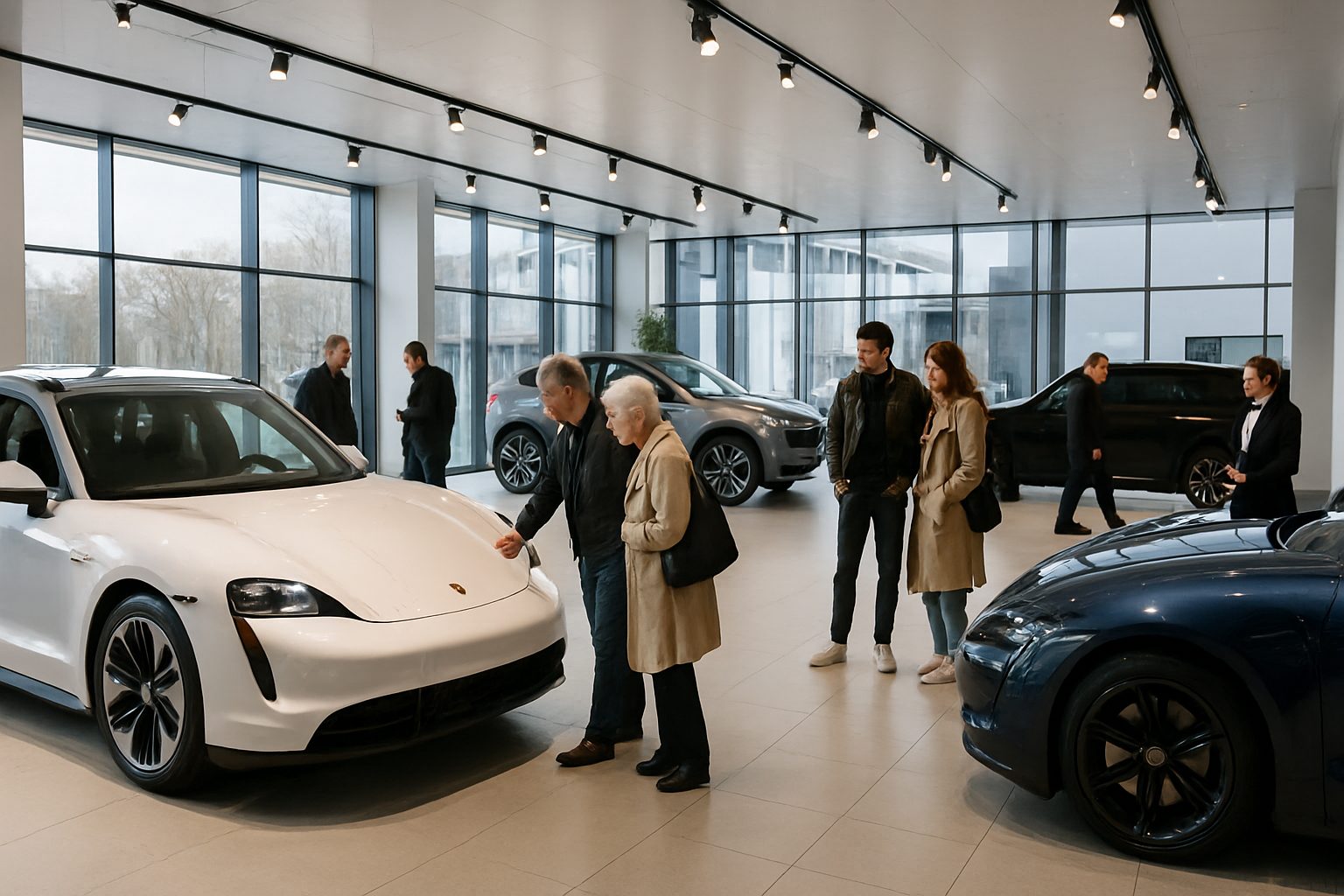 Visiteurs admirant des véhicules électriques dans un salon automobile moderne et spacieux