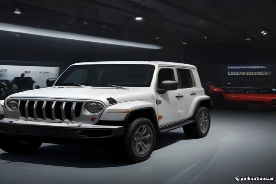 Véhicule Jeep présenté sur un stand de salon automobile, avec visiteurs circulant entre les expositions