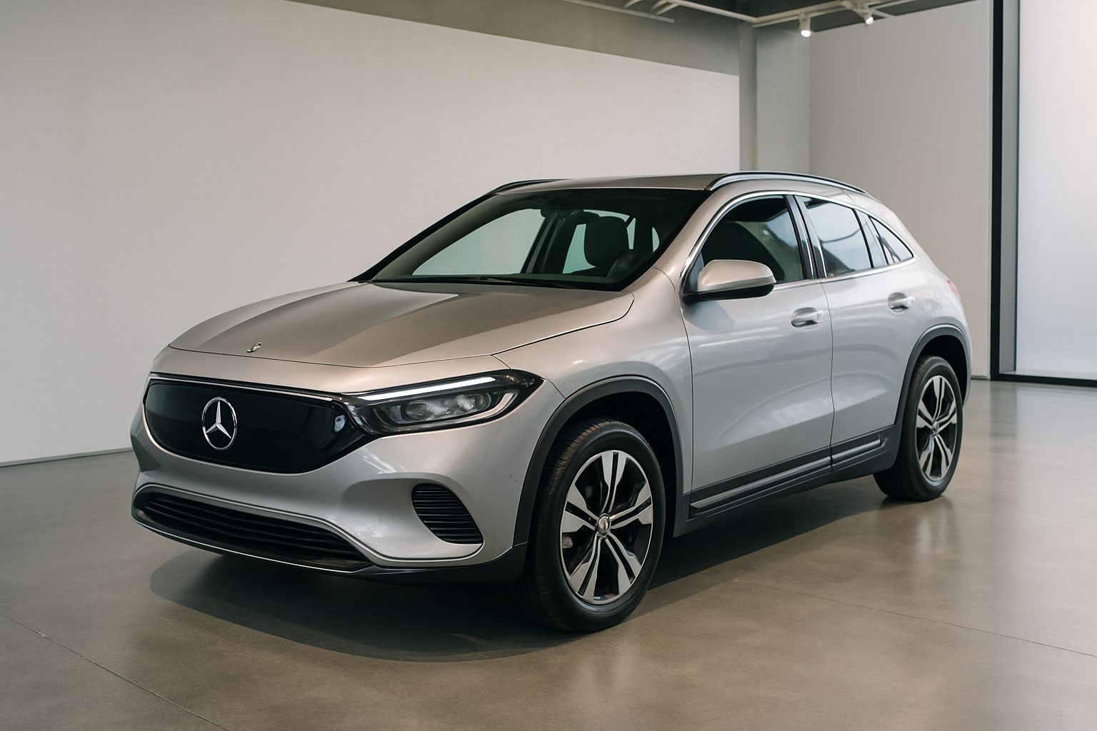 Mondial de l’Auto 2026 : Mercedes confirme ses nouveautés à Paris, avec le GLA électrique dès 44 400 € Véhicule électrique compact aux lignes épurées présenté dans un espace d'exposition moderne