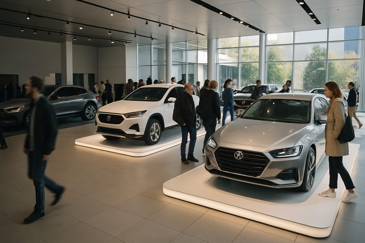 Mondial de l’Auto 2026 : Peugeot change son programme chaque jour du 13 au 18 octobre, voici quand venir Visiteurs circulant entre des automobiles exposées dans un hall de salon automobile moderne