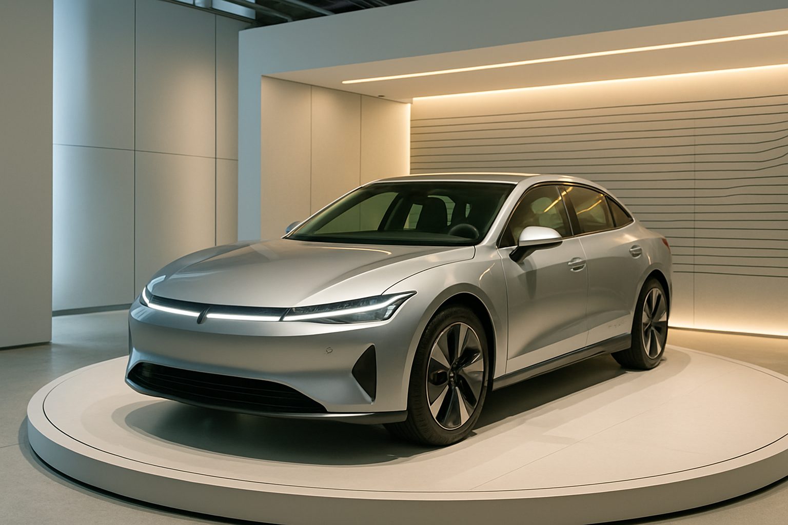 Véhicule électrique présenté sur un podium de salon automobile avec éclairage professionnel