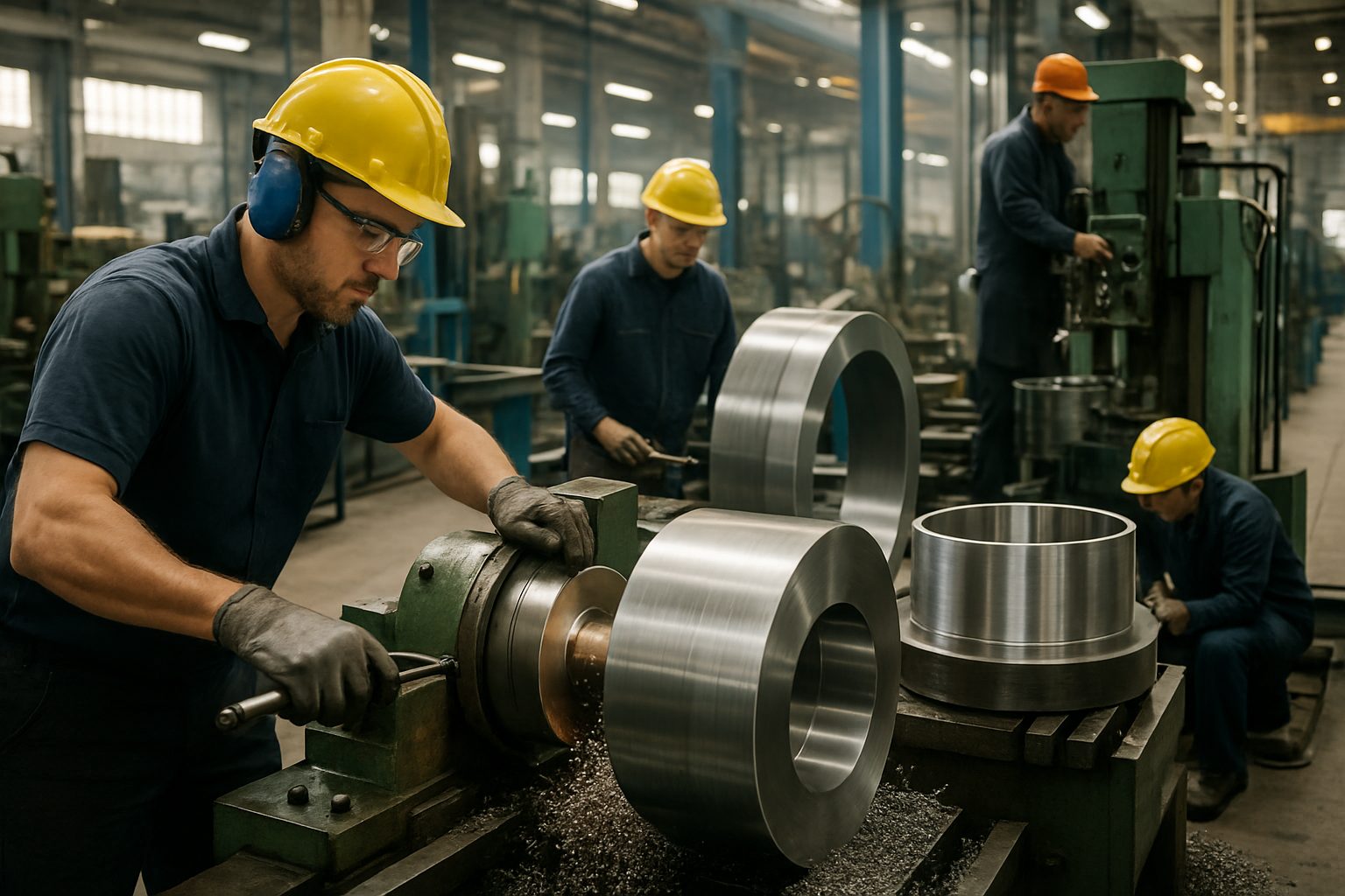 Rheinmetall relance au Royaume-Uni la production de canons de 120 et 155 mm après vingt ans d'interruption Ouvriers en tenue de protection travaillant sur des machines-outils dans une usine de production métallurgique
