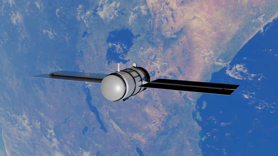 Un satellite en orbite autour de la Terre avec océans et continents visibles
