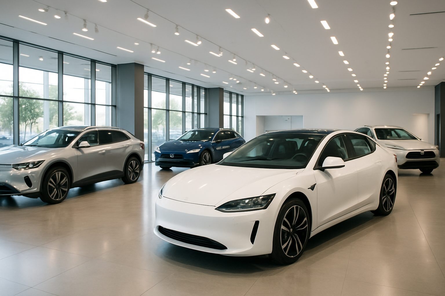 Véhicules électriques exposés dans un salon automobile contemporain, mettant en avant les designs épurés et technologies modernes